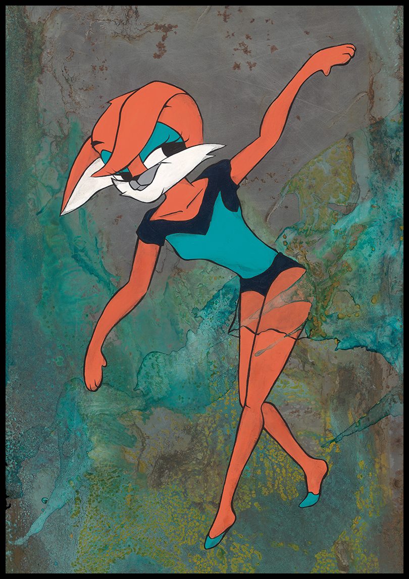 Acrylic painting of a dancing female fox character on an oxidised metal sheet, the rusty texture serving as background for this comic-style street art figure. Faye Riverie by Dared, Woman Portrait Gallery.