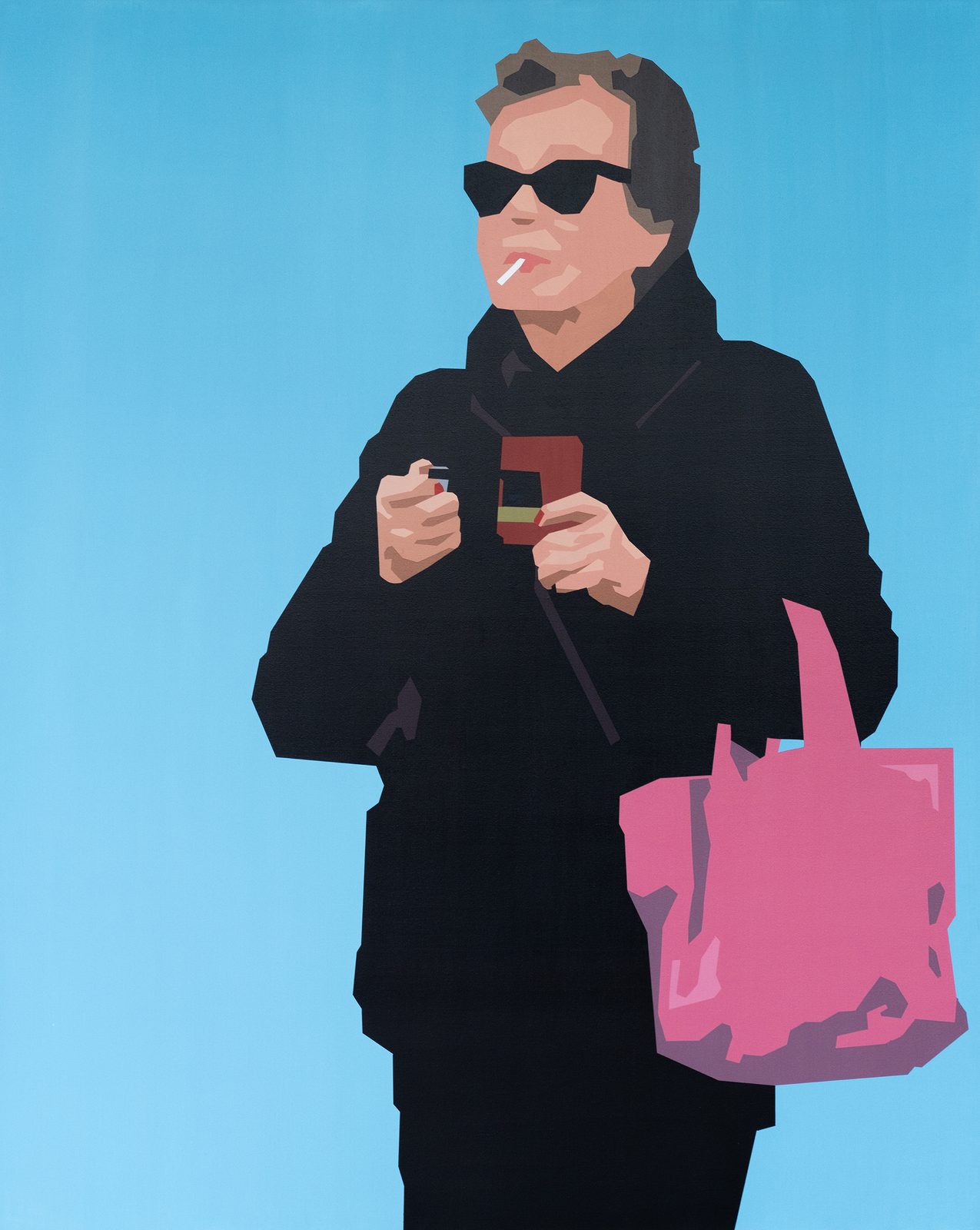 Acrylic painting of an older woman lighting a cigarette with a handbag, against a vivid blue background. Masking and taping technique creates flat cutout-like shapes. Attitude by Florian Thiemann, Woman Portrait Gallery.