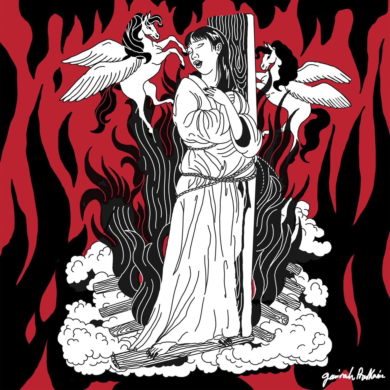 Symbolic digital illustration of a woman bound to a stake, surrounded by winged horses in flight, with red and black flames in the background. Burning in Life by Gairah Praskovia, Woman Portrait Gallery.