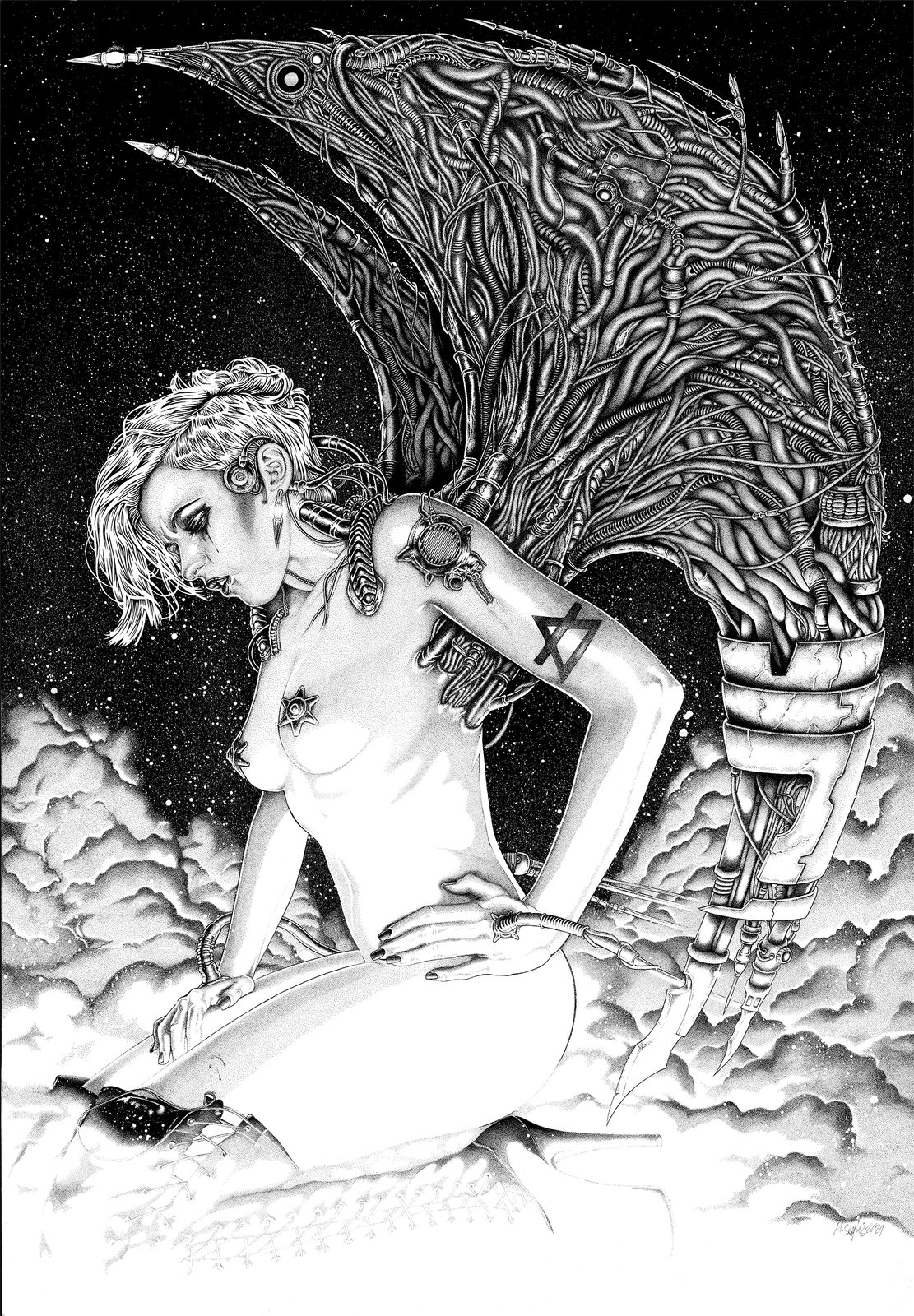 Black and white ink drawing of a woman with massive wings rendered in a detailed, Giger-inspired biomechanical style. Leaving Heaven by Martin Serpentis, Woman Portrait Gallery.