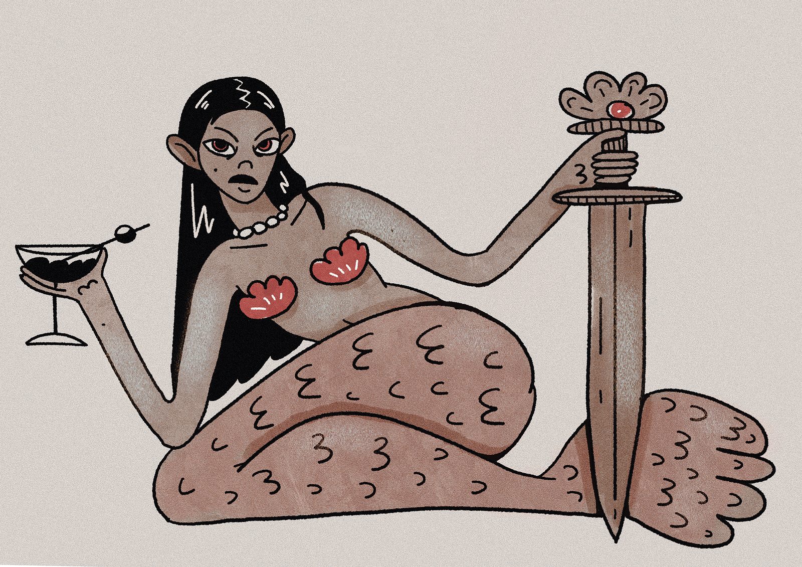 Comic-style digital illustration of a mermaid holding a sword, inspired by tattoo art. Mermaid by Anastasiia Khadzynova, Woman Portrait Gallery.