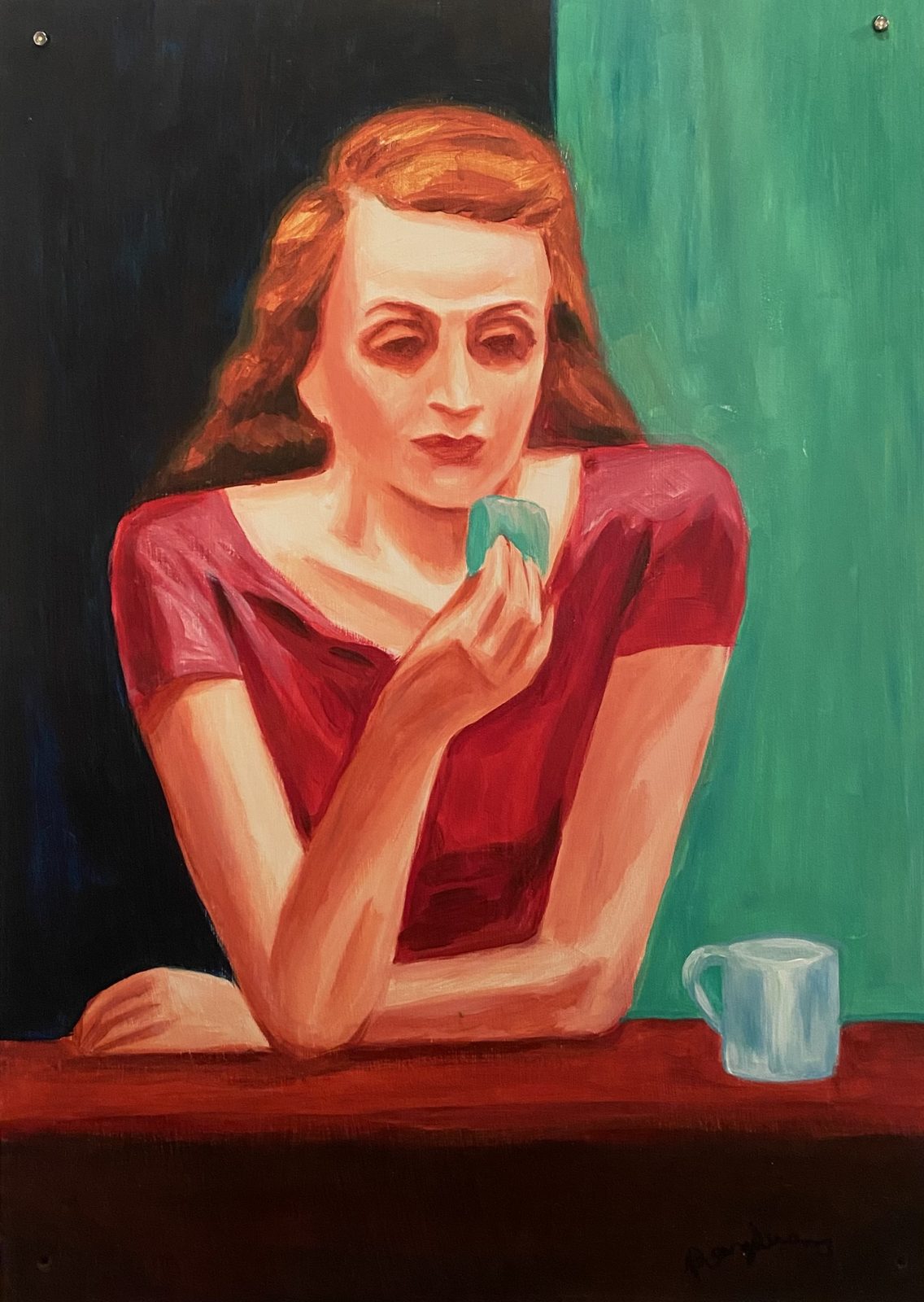 Acrylic painting on wood, a detail cutout from Edward Hopper famous Nighthawks, isolating the solitary woman at the bar with her drink. The Woman in Nighthawks by Pongsuang Choop, Woman Portrait Gallery.