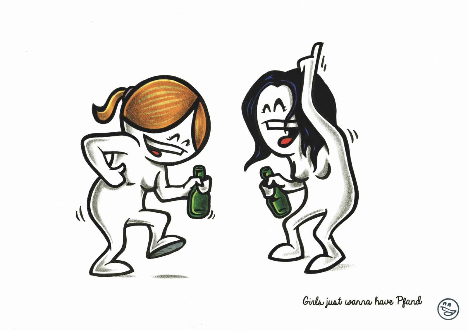 Digital illustration of two girls happily collecting deposit bottles, a playful take on Berlin Pfand culture. Girls just wanna have Pfand by Mein Lieber Prost, Woman Portrait Gallery.