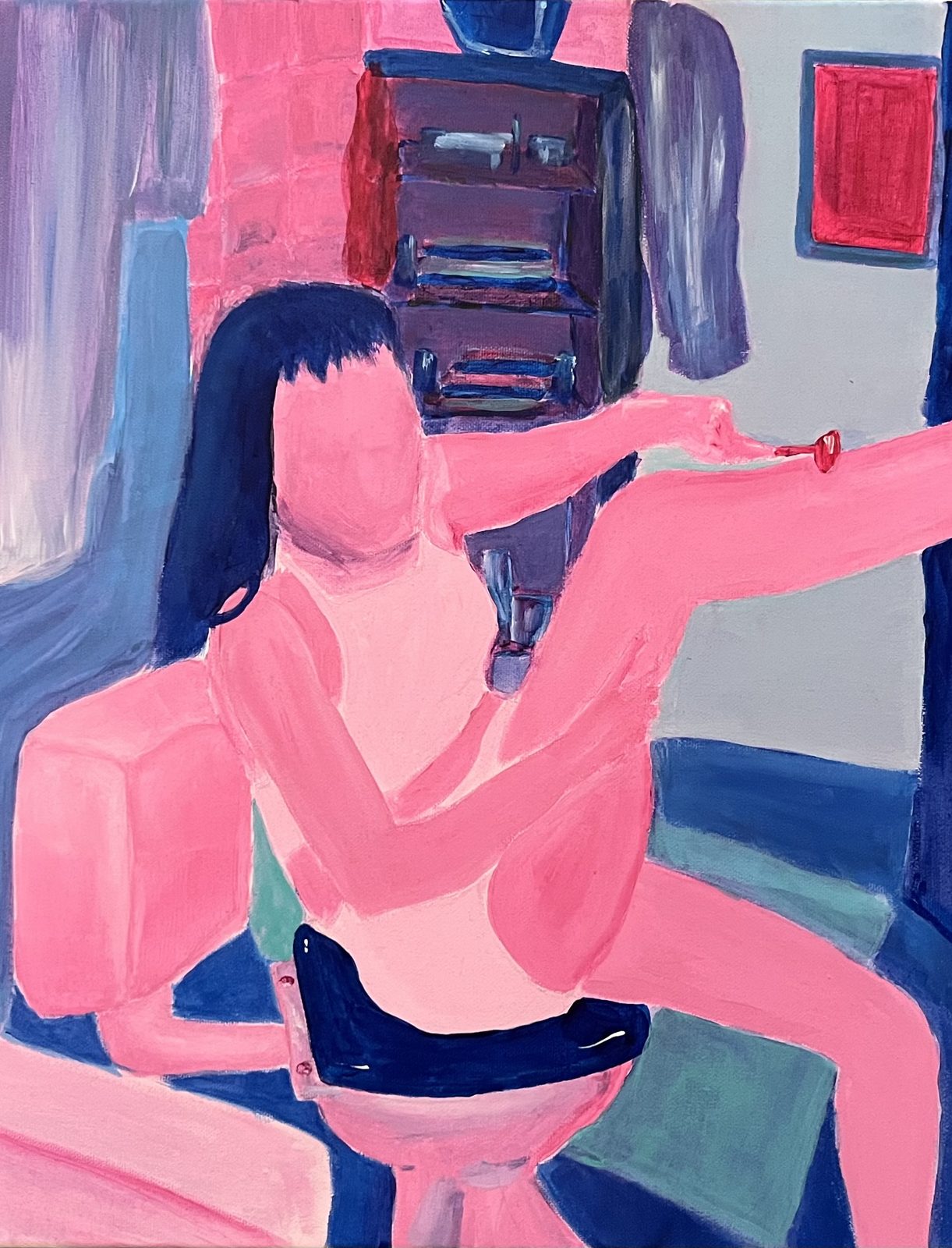 Naive-style acrylic painting of a woman shaving her legs. Shaving by Andrea Luque, Woman Portrait Gallery.