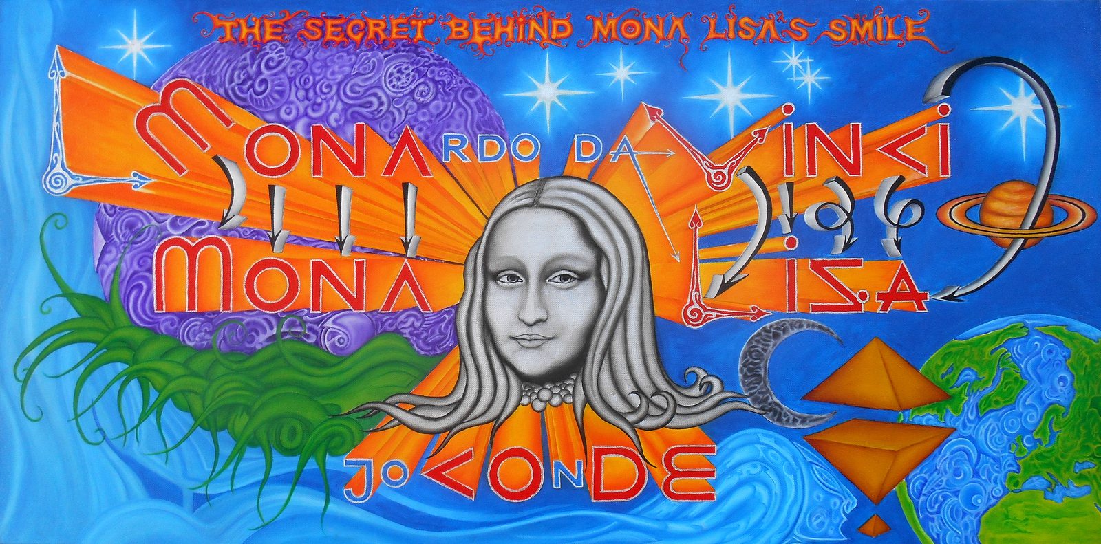 Wide-format oil painting decoding the Mona Lisa, a colourful meticulously crafted diagram-like composition with the iconic portrait at its centre, surrounded by letters symbols pyramids and hidden patterns. The Secret behind Mona Lisa smile by Tom Pollhammer, Woman Portrait Gallery.