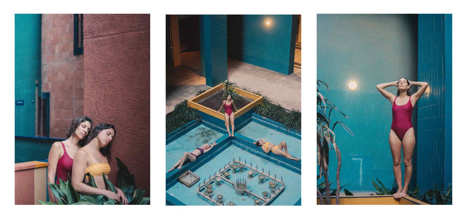 Photography triptych of a woman in a red swimsuit in various poses at a bathhouse, carefully composed and staged with a strong sense of colour and form. Right beside your face by Lilika Strezoska, Woman Portrait Gallery.