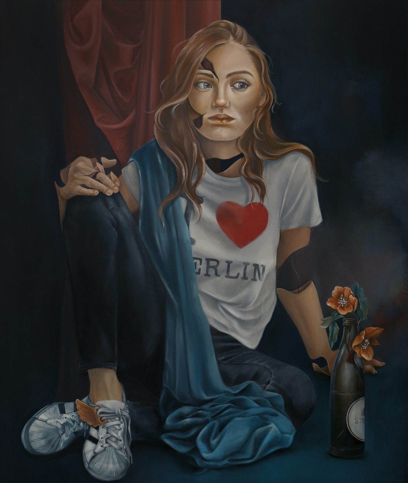 Acrylic painting of a young woman in an I Love Berlin t-shirt and Adidas shoes, a beer bottle repurposed as flower vase, her body depicted with holes and gaps like a broken porcelain doll. Arm aber Sexy by Caro Pepe, Woman Portrait Gallery.