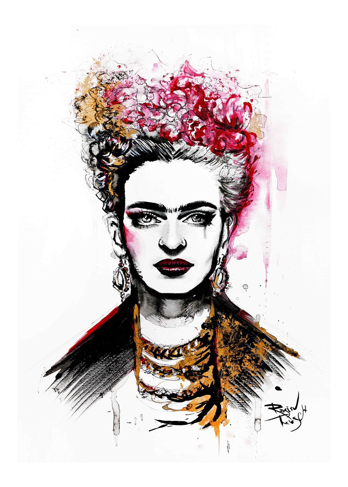Colourful portrait of Frida Kahlo with her iconic flower crown, black ink line drawing with watercolour and pencil accents for floral and decorative details. Frida Kahlo by Therese Rosier, Woman Portrait Gallery.