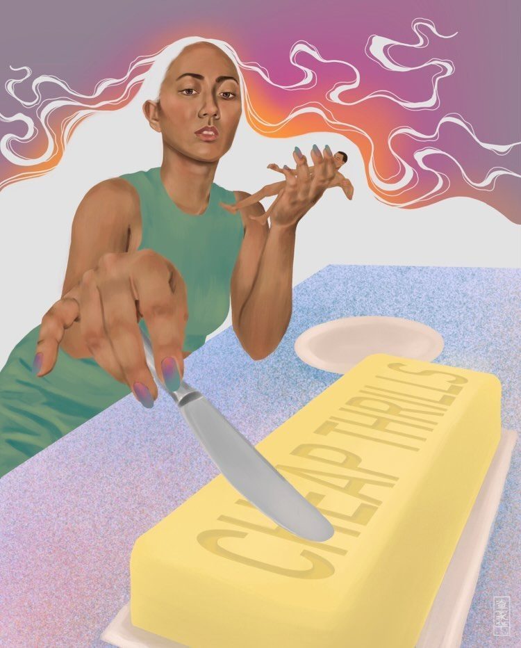 Digital illustration of a woman holding a small male figure and a knife as if about to spread him like butter, the word cheap thrills embossed on the butter, hair flowing in Art Nouveau-inspired forms. Maneater by Naicha, Woman Portrait Gallery.