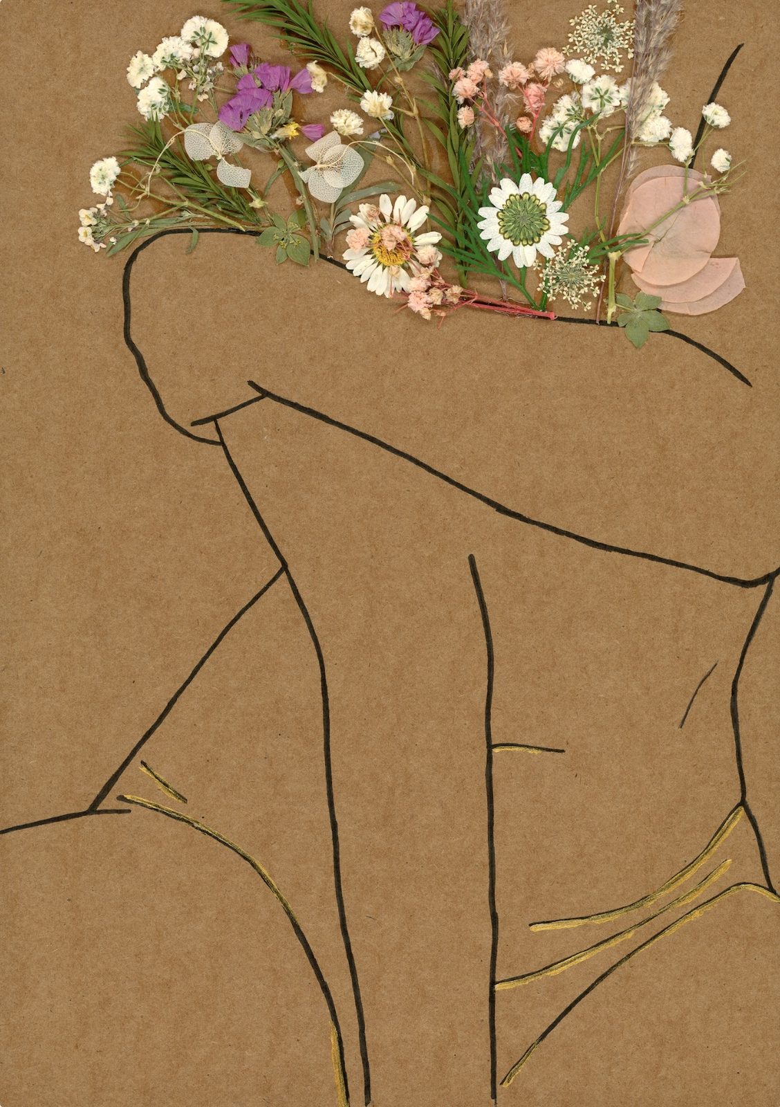 Silhouette of a seated woman in black ink lines on brown paper, with real dried flowers replacing the face, a mixed media piece combining minimalist drawing and pressed botanicals. Steffi by Lucille Guder, Woman Portrait Gallery.