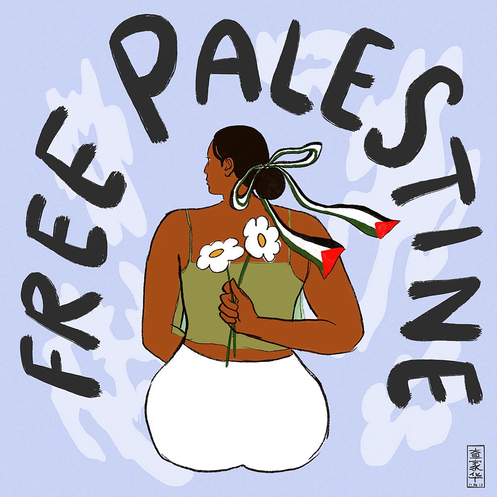 Poster-style digital gouache illustration of a woman seen from behind holding two flowers behind her back, with Free Palestine in handwritten lettering above. Free Palestine by Liliana Rasmussen aka Naicha, Woman Portrait Gallery.